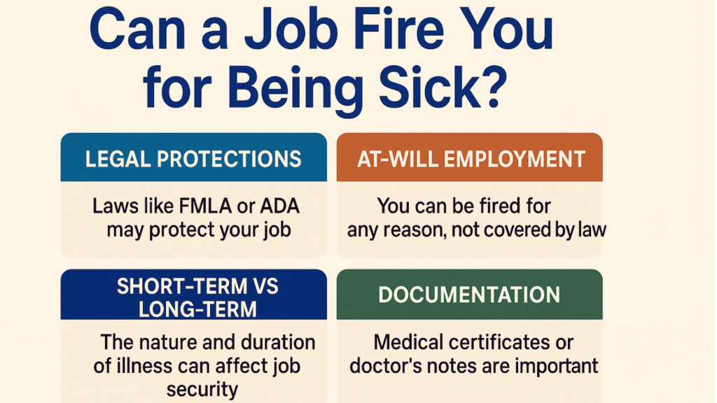 Infographic explaining if a job can fire you for being sick, highlighting legal protections, at-will employment, short-term vs long-term illness, and documentation.
