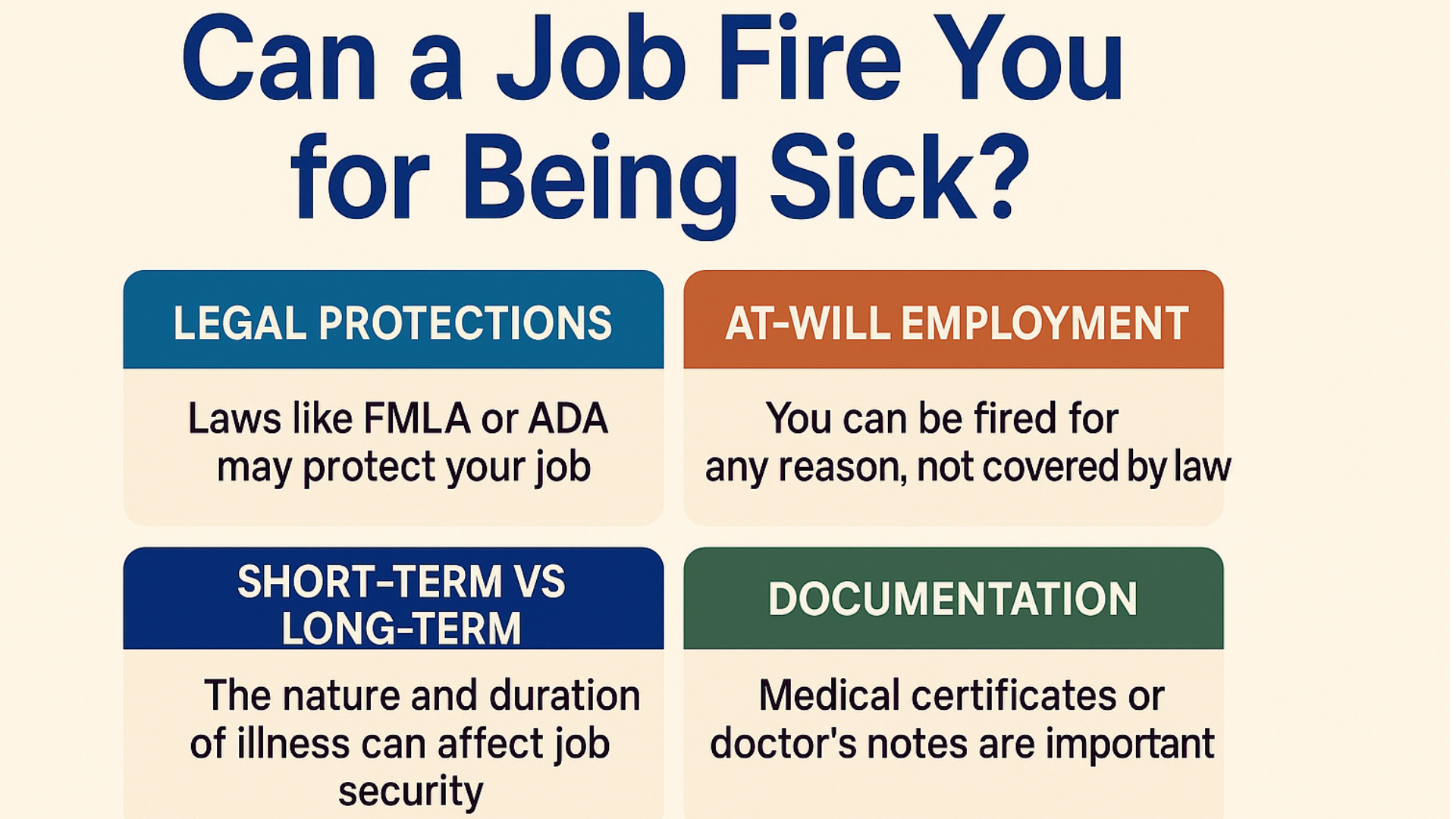 Infographic explaining if a job can fire you for being sick, highlighting legal protections, at-will employment, short-term vs long-term illness, and documentation.