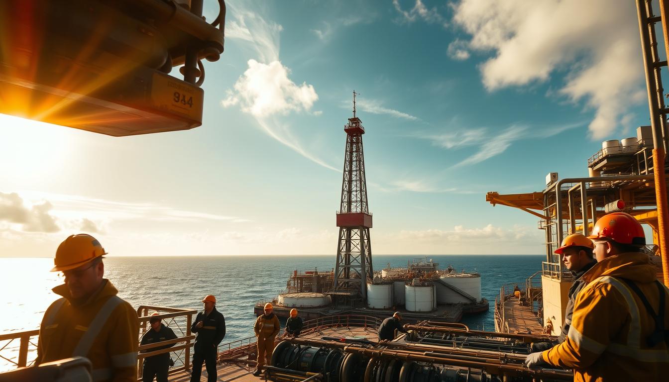 Workers performing tasks on an oil rig, showcasing real-life jobs on Petrol Platform